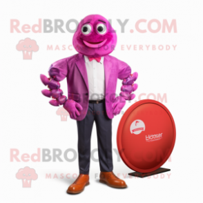 Magenta Crab Cakes mascot costume character dressed with a Oxford Shirt and Lapel pins