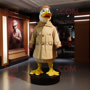 Tan Muscovy Duck mascot costume character dressed with a Coat and Foot pads