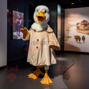 Tan Muscovy Duck mascot costume character dressed with a Coat and Foot pads