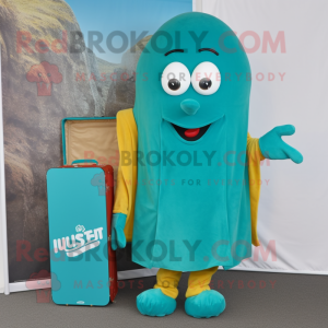 Teal Currywurst mascot costume character dressed with a Cover-up and Briefcases