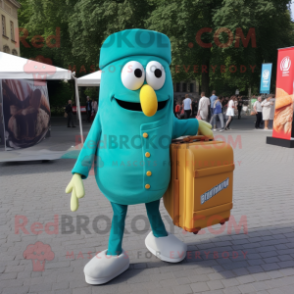 Teal Currywurst mascot costume character dressed with a Cover-up and Briefcases