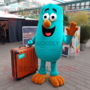 Teal Currywurst mascot costume character dressed with a Cover-up and Briefcases