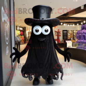 Black Fried Calamari mascot costume character dressed with a Dress and Hat pins