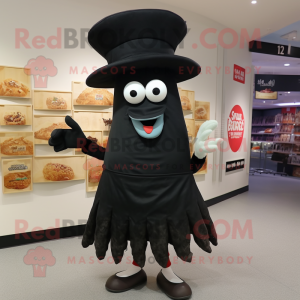 Black Fried Calamari mascot costume character dressed with a Dress and Hat pins