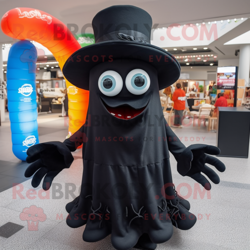 Black Fried Calamari mascot costume character dressed with a Dress and Hat pins