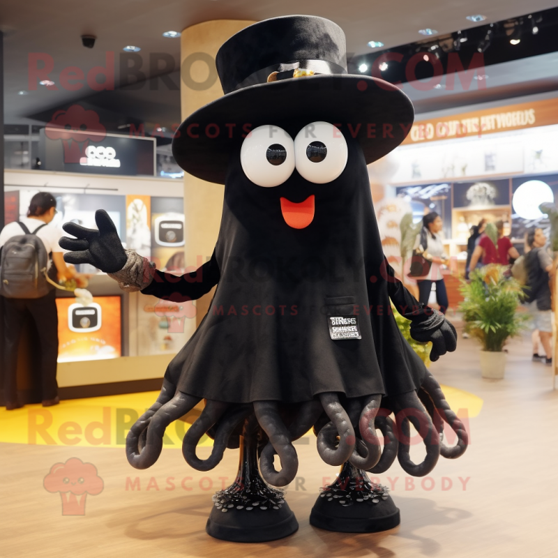 Black Fried Calamari mascot costume character dressed with a Dress and Hat pins