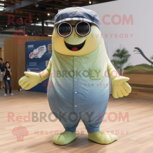 Olive Humpback Whale mascot costume character dressed with a Denim Shorts and Eyeglasses
