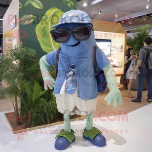 Olive Humpback Whale mascot costume character dressed with a Denim Shorts and Eyeglasses