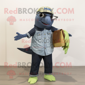 Olive Humpback Whale mascot costume character dressed with a Denim Shorts and Eyeglasses