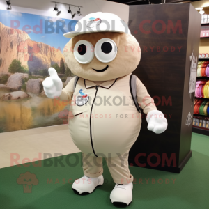 Beige Golf Ball mascot costume character dressed with a Sweatshirt and Backpacks