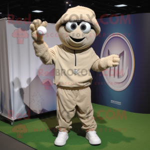 Beige Golf Ball mascot costume character dressed with a Sweatshirt and Backpacks