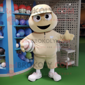 Beige Golf Ball mascot costume character dressed with a Sweatshirt and Backpacks