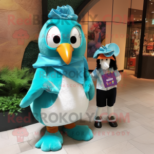 Turquoise Penguin mascot costume character dressed with a Blouse and Shoe clips