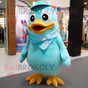 Turquoise Penguin mascot costume character dressed with a Blouse and Shoe clips