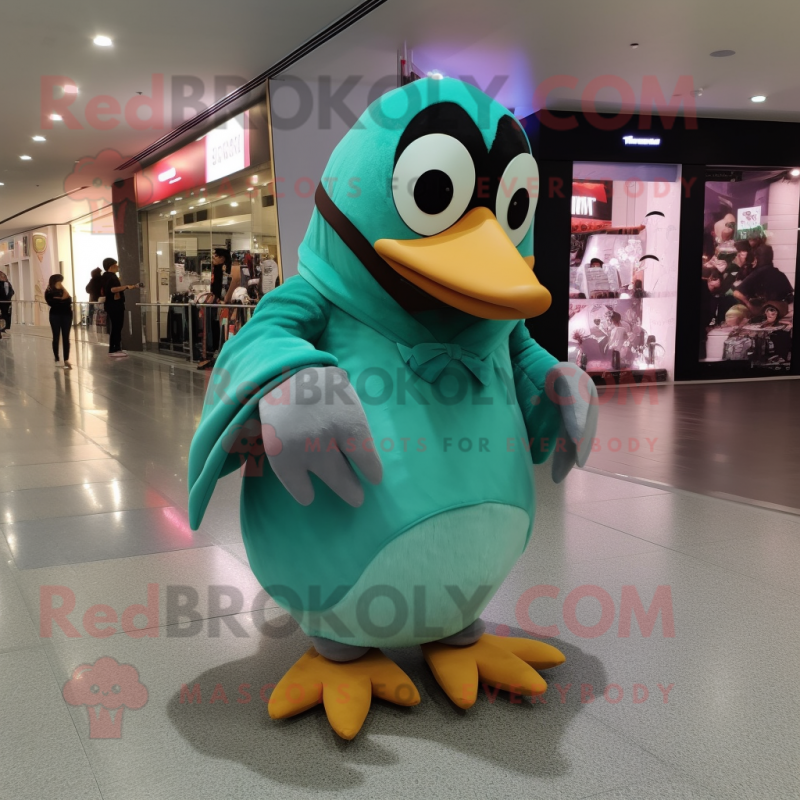 Turquoise Penguin mascot costume character dressed with a Blouse and Shoe clips