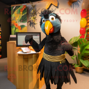 Black Parrot mascot costume character dressed with a Pencil Skirt and Cummerbunds