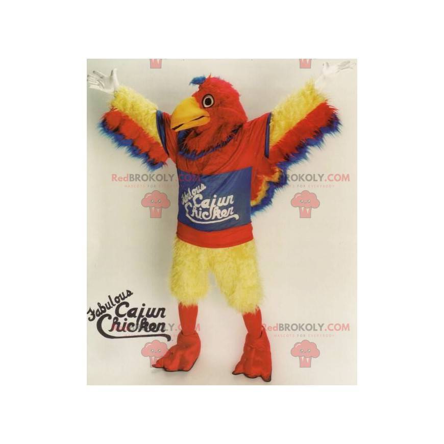 Mascote pássaro gigante vermelho, amarelo e azul todo peludo -