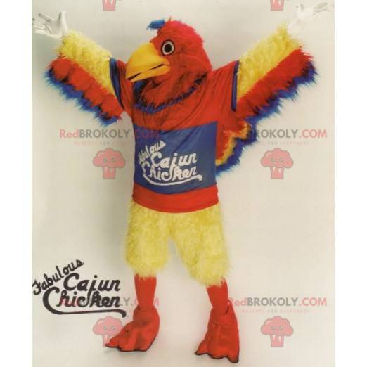 Giant red, yellow and blue bird mascot all hairy -