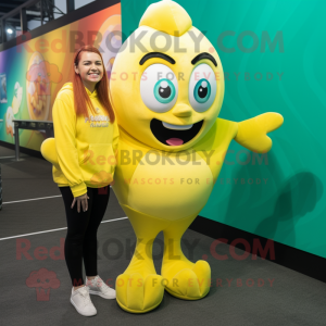 Yellow Mermaid mascot costume character dressed with a Sweatshirt and Foot pads