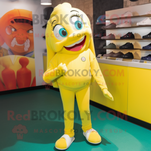 Yellow Mermaid mascot costume character dressed with a Sweatshirt and Foot pads
