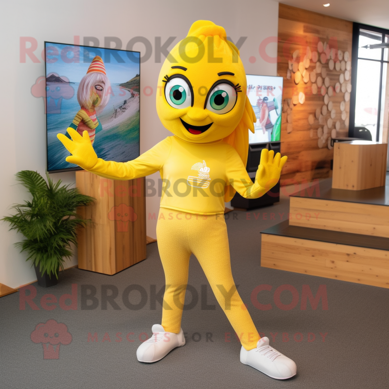 Yellow Mermaid mascot costume character dressed with a Sweatshirt and Foot pads