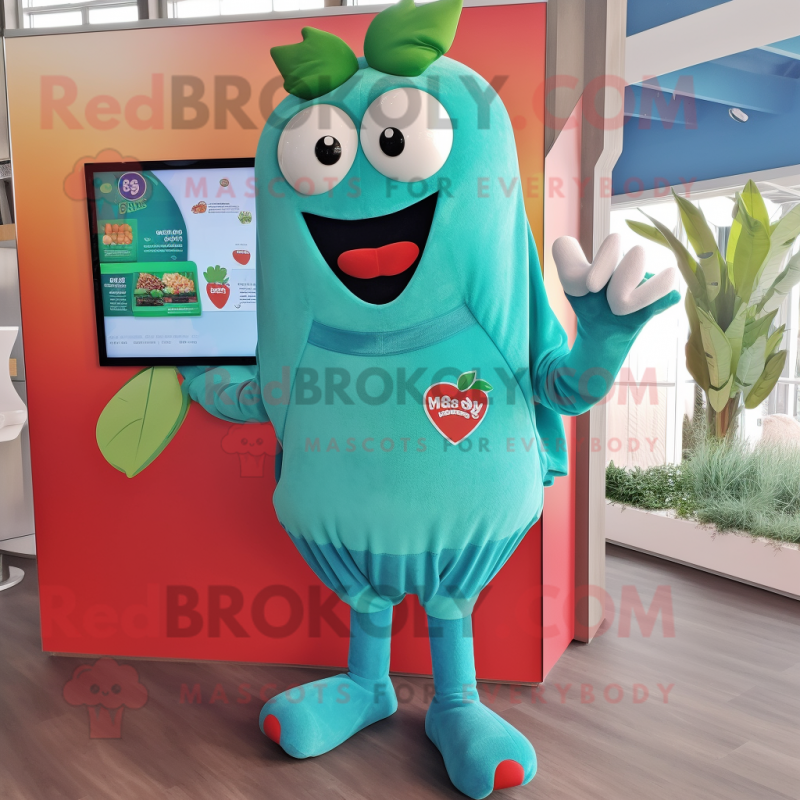 Teal Strawberry mascot costume character dressed with a Long Sleeve Tee and Gloves Teal Strawberry mascot costume character dressed with a Long Sleeve Tee and Gloves