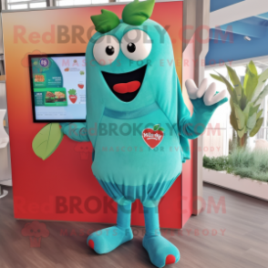 Teal Strawberry mascot costume character dressed with a Long Sleeve Tee and Gloves