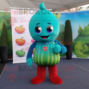 Teal Strawberry mascot costume character dressed with a Long Sleeve Tee and Gloves