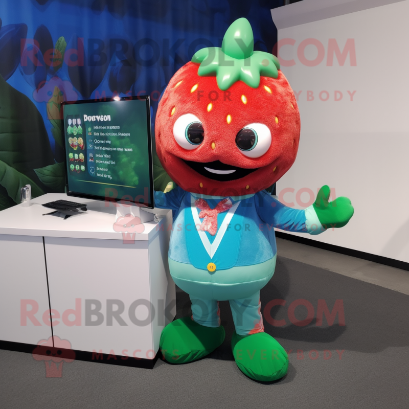 Teal Strawberry mascot costume character dressed with a Long Sleeve Tee and Gloves