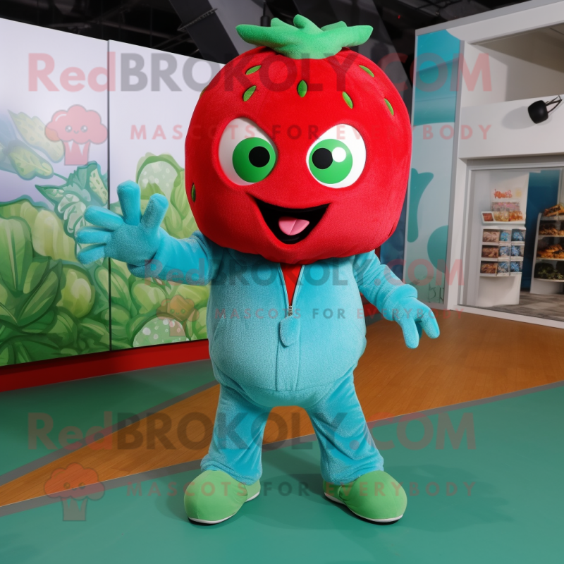 Teal Strawberry mascot costume character dressed with a Long Sleeve Tee and Gloves Teal Strawberry mascot costume character dressed with a Long Sleeve Tee and Gloves