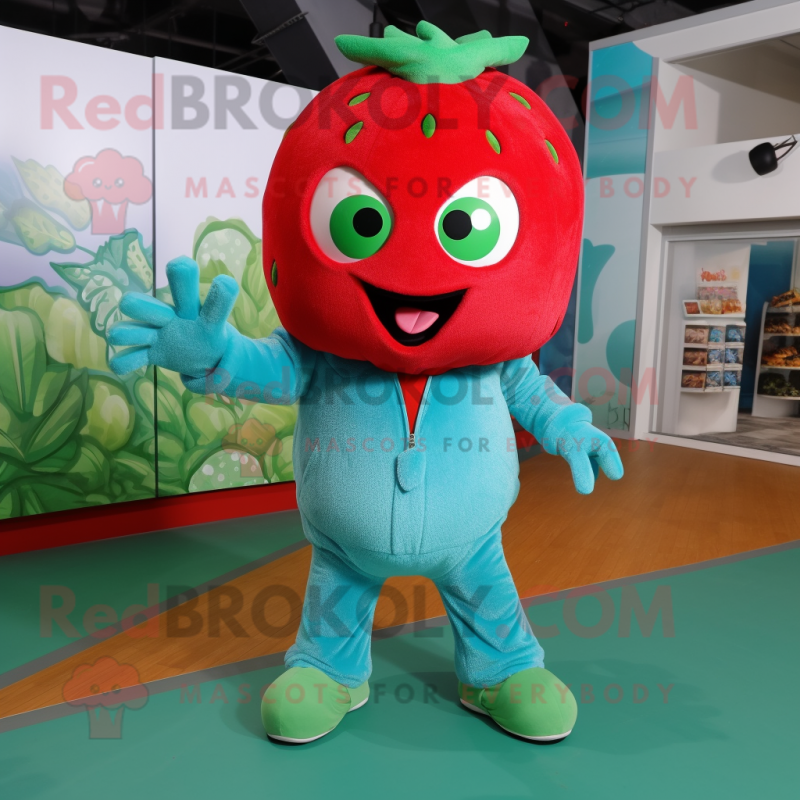 Teal Strawberry mascot costume character dressed with a Long Sleeve Tee and Gloves