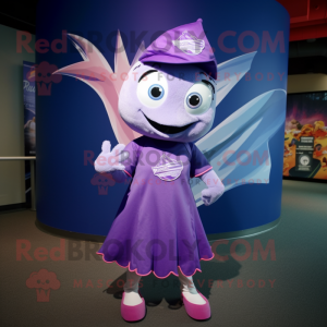 Purple Swordfish mascot costume character dressed with a Skirt and Headbands