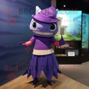 Purple Swordfish mascot costume character dressed with a Skirt and Headbands