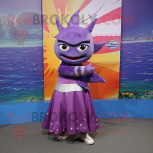 Purple Swordfish mascot costume character dressed with a Skirt and Headbands