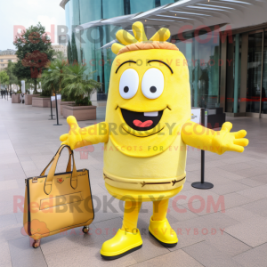 Lemon Yellow French Fries mascot costume character dressed with a Suit and Handbags