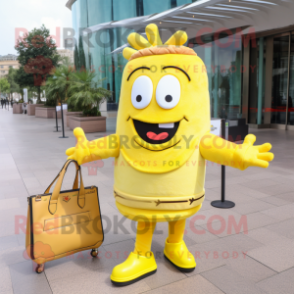 Lemon Yellow French Fries mascot costume character dressed with a Suit and Handbags