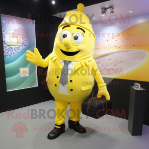 Lemon Yellow French Fries mascot costume character dressed with a Suit and Handbags