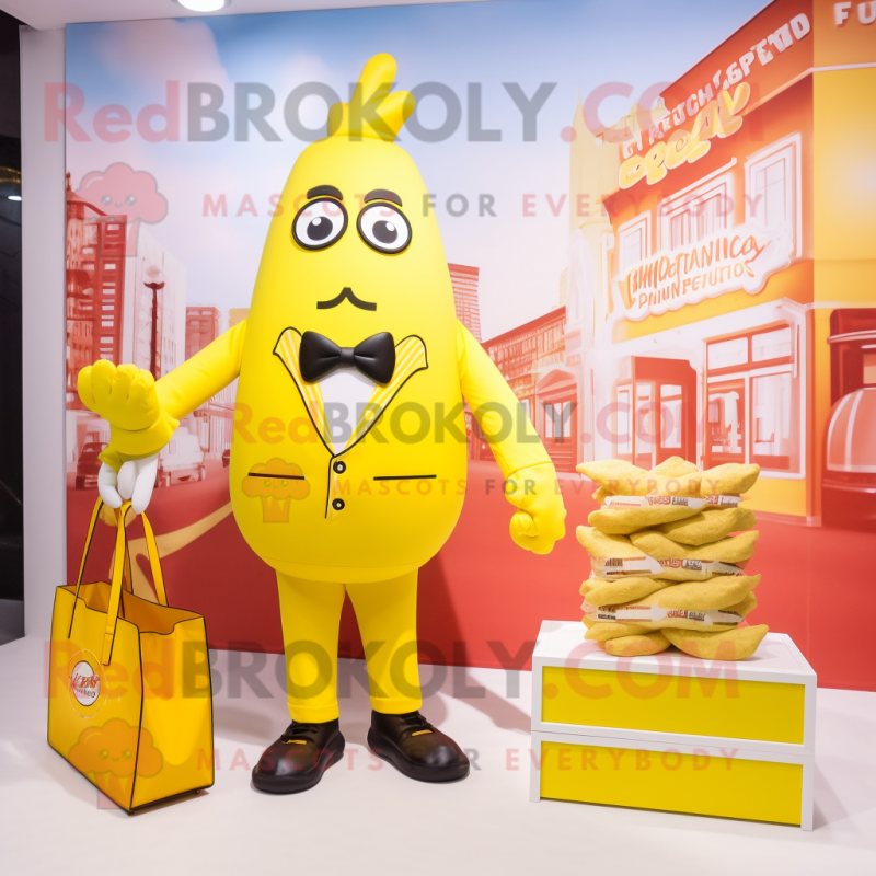 Lemon Yellow French Fries mascot costume character dressed with a Suit and Handbags