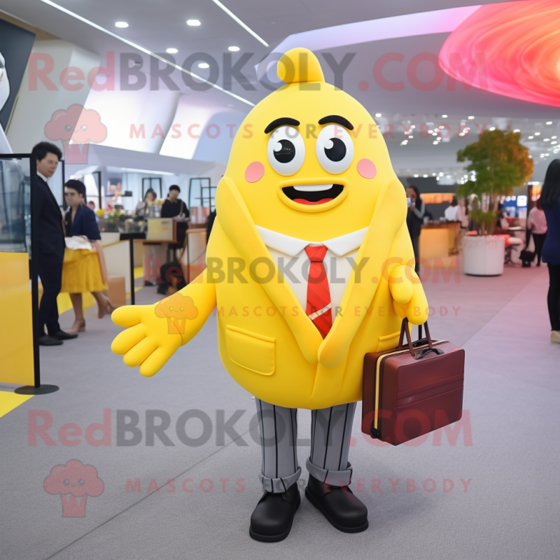 Lemon Yellow French Fries mascot costume character dressed with a Suit and Handbags Lemon Yellow French Fries mascot costume character dressed with a Suit and Handbags