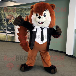 Rust Skunk mascot costume character dressed with a Suit Pants and Beanies