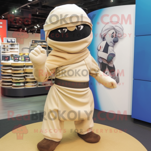 Beige Ninja mascot costume character dressed with a A-Line Dress and Hats