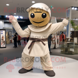 Beige Ninja mascot costume character dressed with a A-Line Dress and Hats