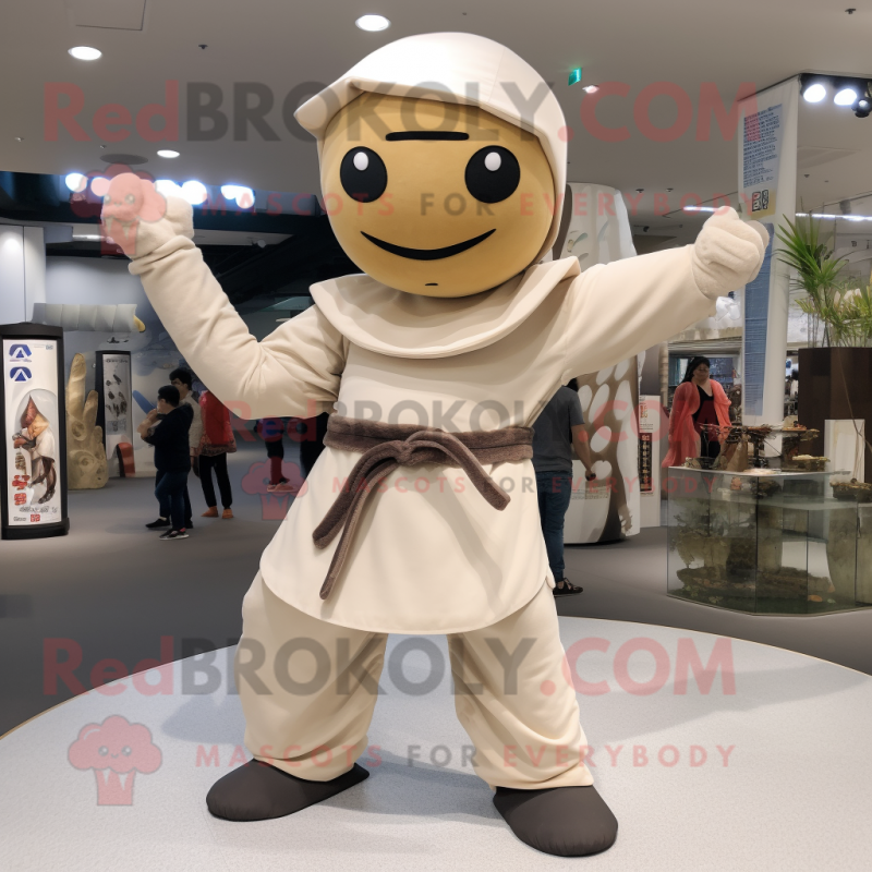 Beige Ninja mascot costume character dressed with a A-Line Dress and Hats Beige Ninja mascot costume character dressed with a A-Line Dress and Hats
