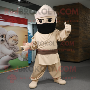 Beige Ninja mascot costume character dressed with a A-Line Dress and Hats