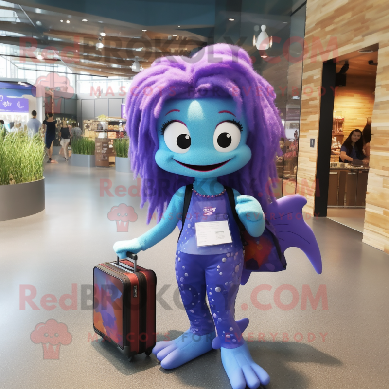 Purple Mermaid mascot costume character dressed with a Jeans and Briefcases