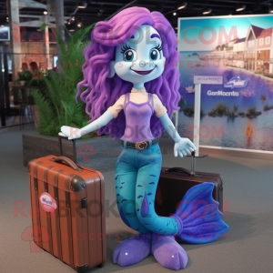 Purple Mermaid mascot costume character dressed with a Jeans and Briefcases