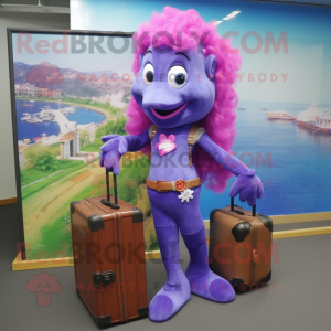 Purple Mermaid mascot costume character dressed with a Jeans and Briefcases