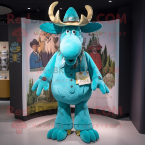 Turquoise Moose mascot costume character dressed with a Trousers and Hat pins