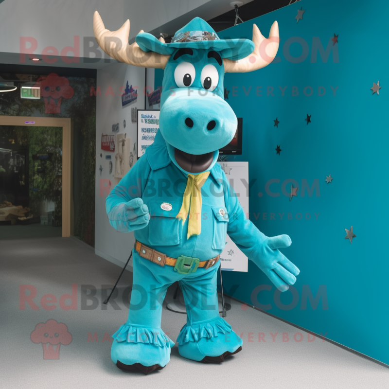 Turquoise Moose mascot costume character dressed with a Trousers and Hat pins