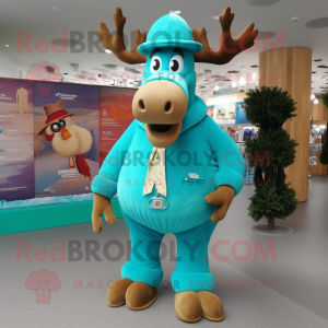 Turquoise Moose mascot costume character dressed with a Trousers and Hat pins